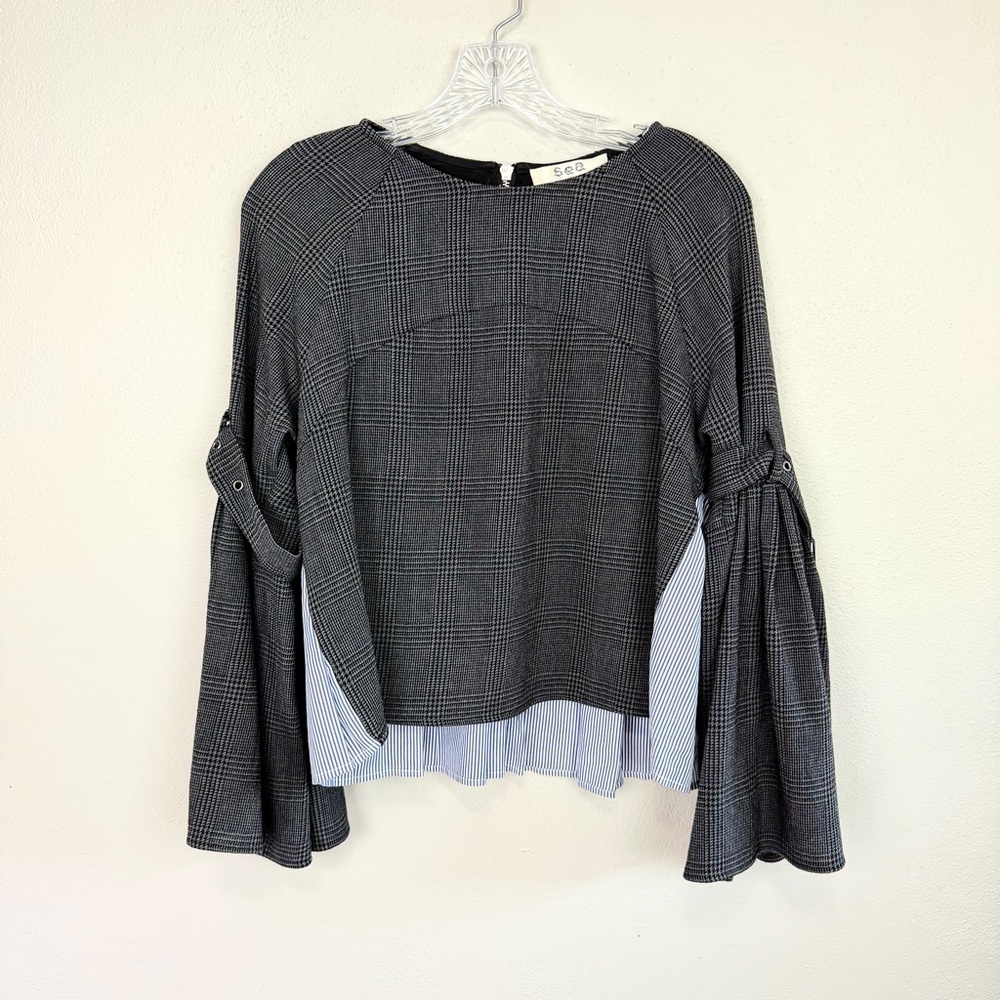 SEA NEW YORK Mixed Media Wool Plaid Print Cotton Pinstripe Top Bell Sleeve Top